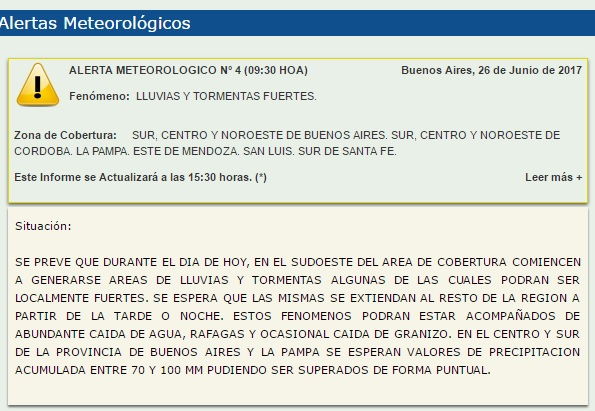 Alerta meteorológico para el sur santafesino