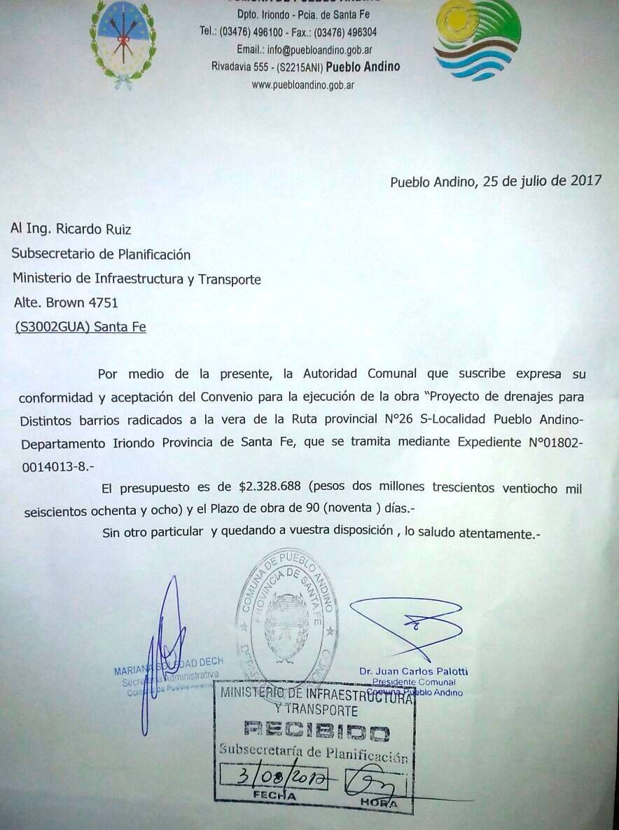 Andino: firmaron el convenio de drenajes pluviales en diversos sectores