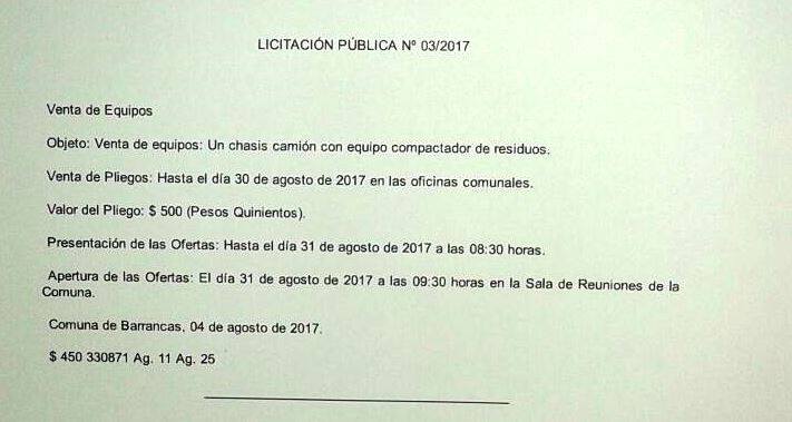Triple llamado a licitación desde la Comuna de Barrancas