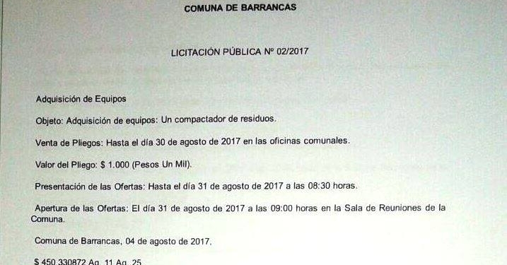 Triple llamado a licitación desde la Comuna de Barrancas