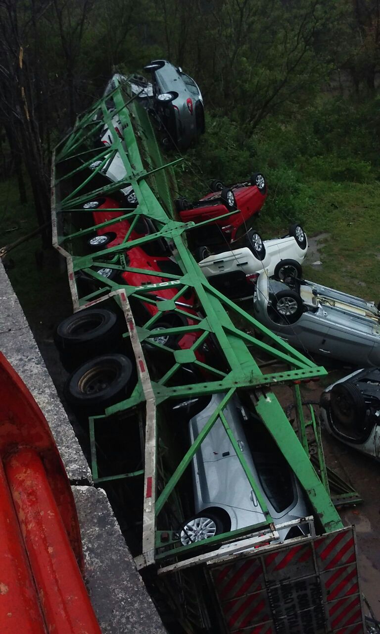 Un camión que transportaba autos cayó de un puente de la autopista