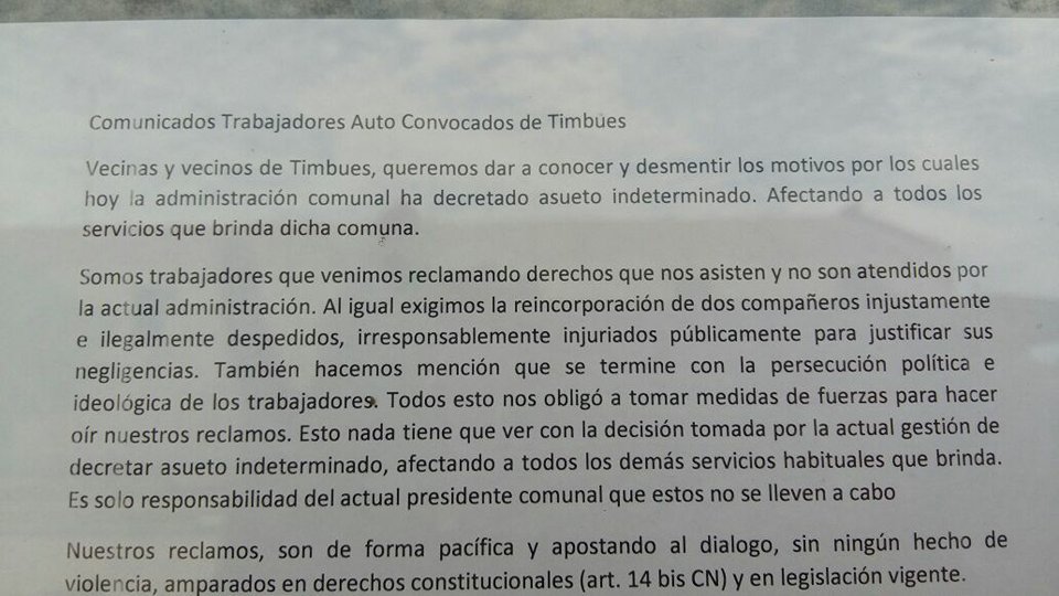 Timbúes: declararon asueto administrativo para «mantener la paz social»