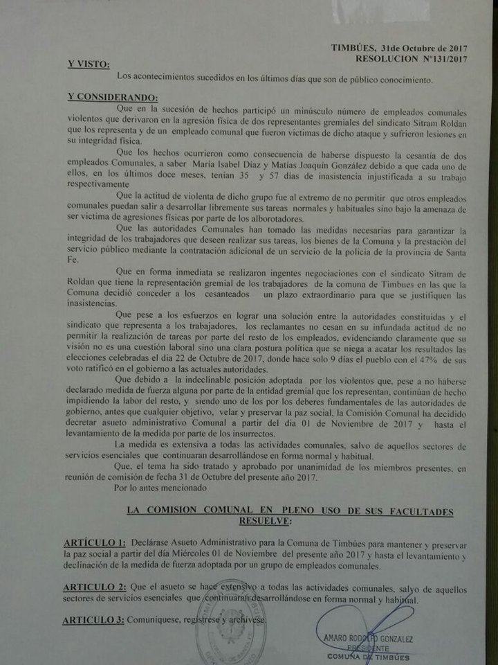 Timbúes: declararon asueto administrativo para «mantener la paz social»