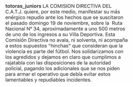 Juniors expresó su «enérgico repudio» contra los hechos violentos