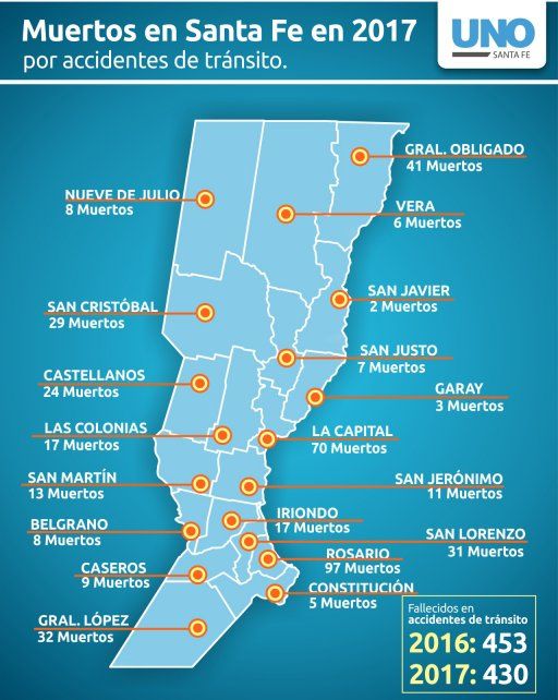 Mapa de accidentes fatales en Santa Fe por departamento