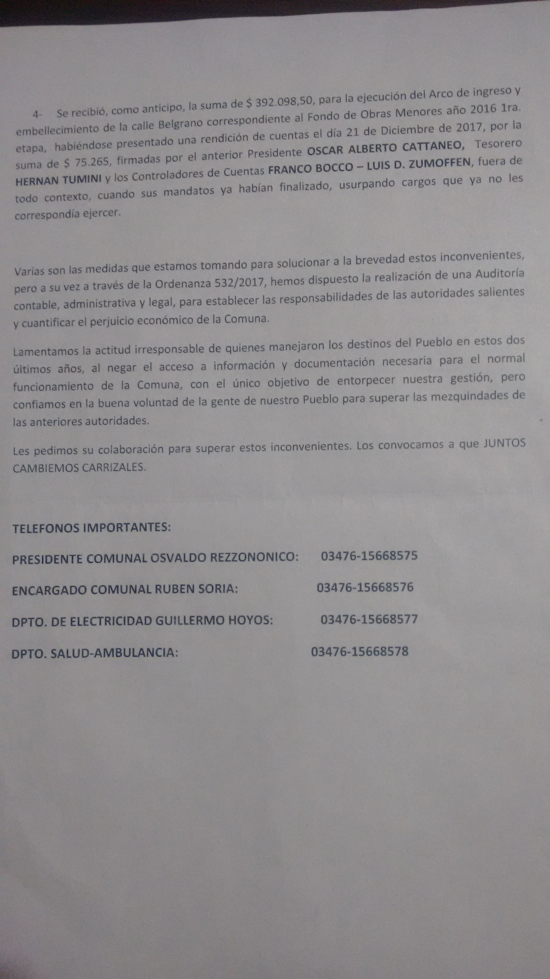 Clarke: circulan panfletos contra la anterior gestión y Cattaneo se defendió