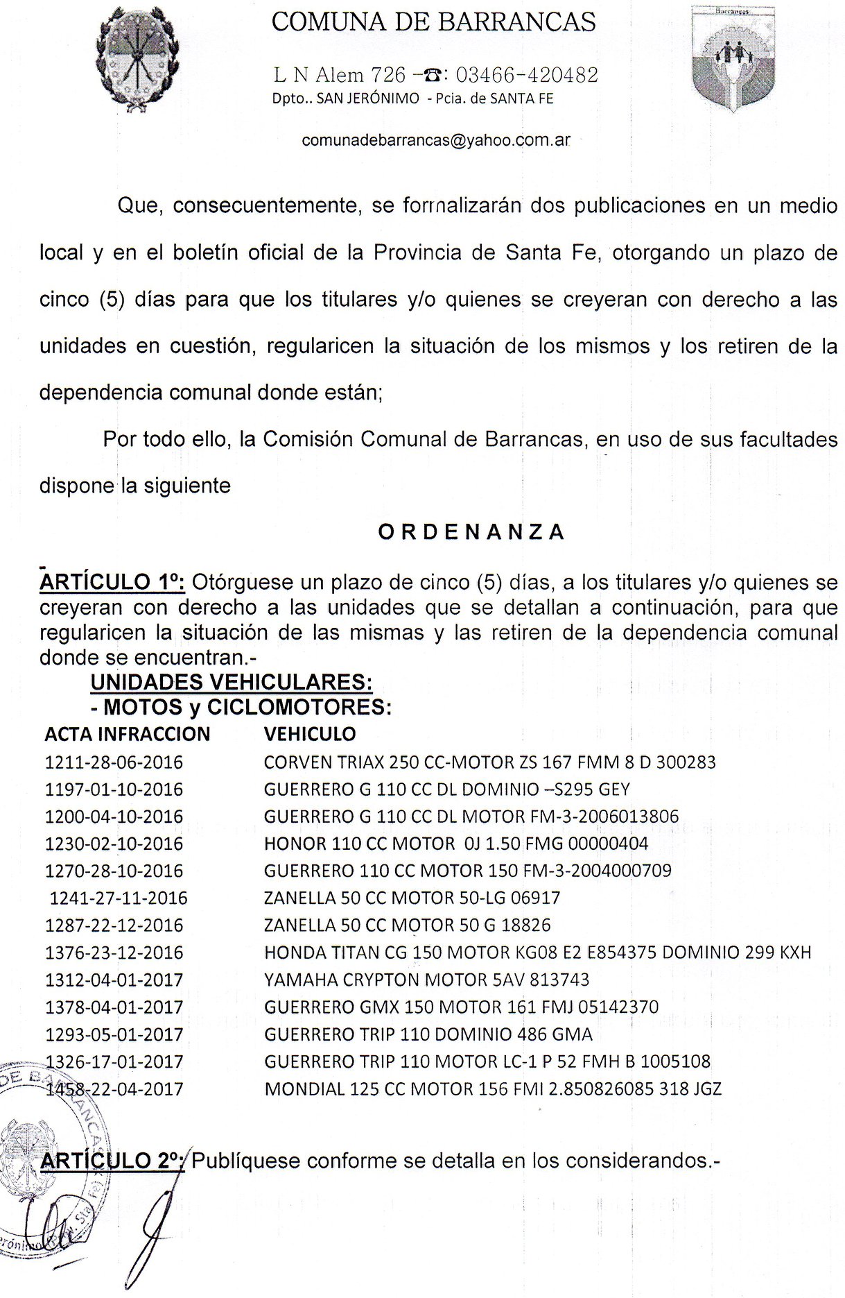 Barrancas: procederán al desguace de las motos que no sean retiradas del corralón