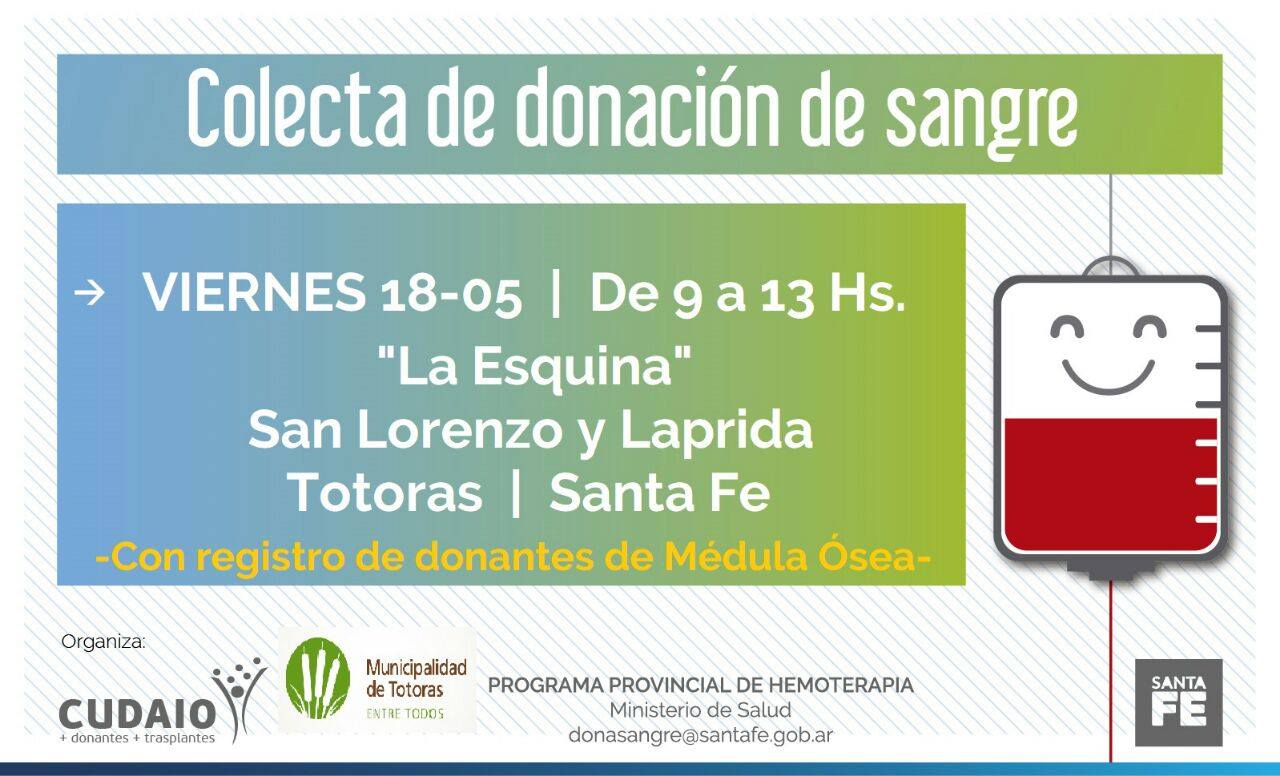 Totoras solidaria: convocan a una nueva campaña de donación de sangre