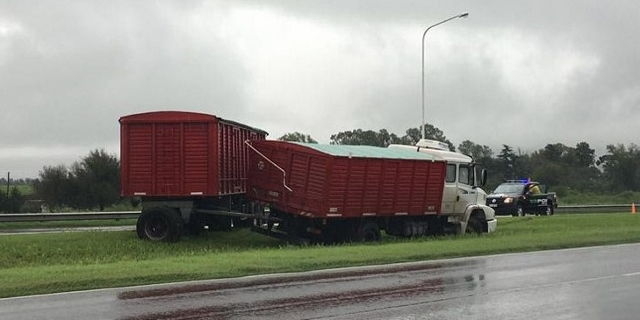 Un camión despistó y quedó varado en el cantero central de la autopista