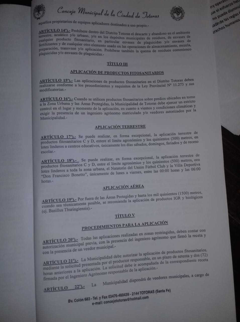 A 100 metros: aprobaron una polémica ordenanza de fumigaciones en Totoras