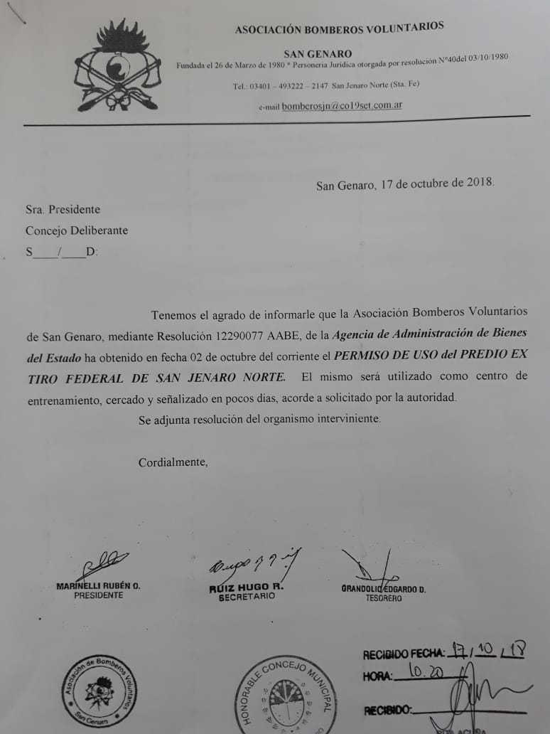 San Genaro: el predio del ex Tiro Federal fue otorgado a Bomberos Voluntarios