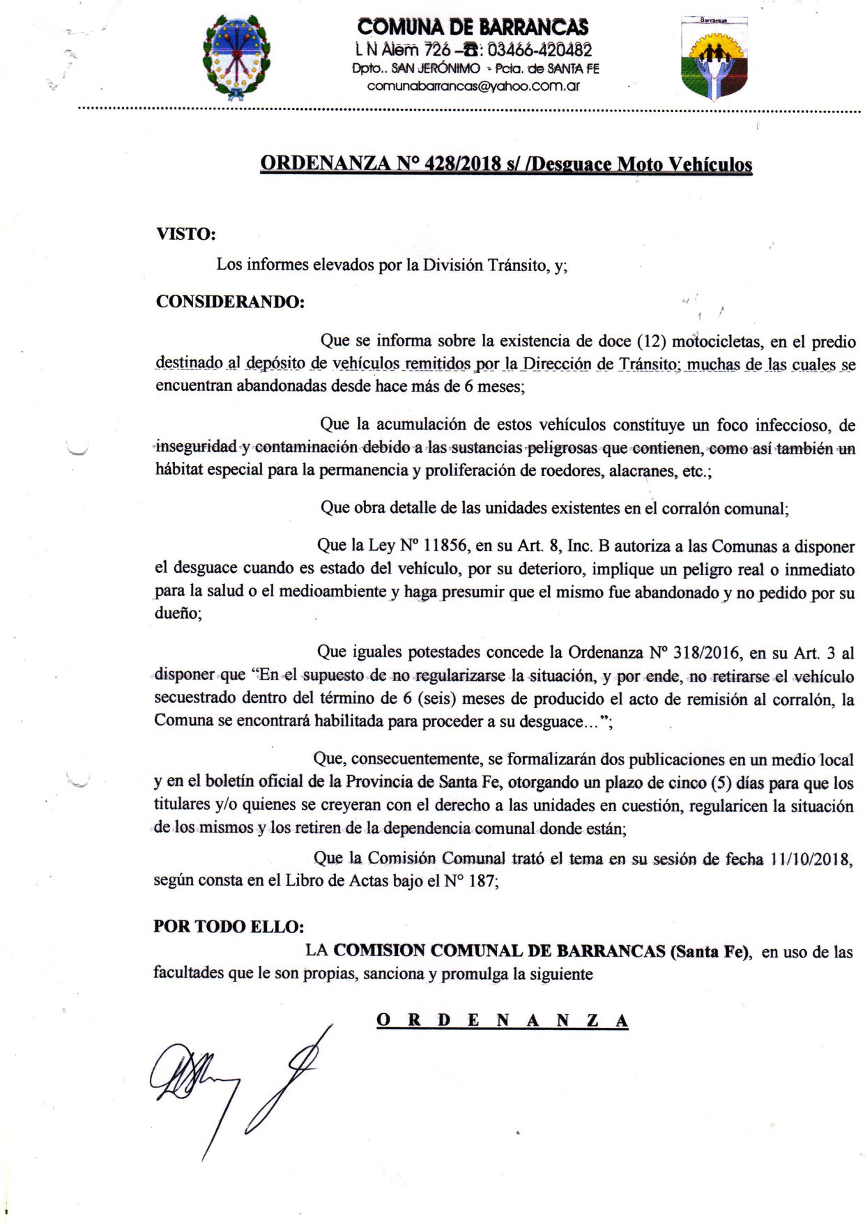 Barrancas: procederán al desguace de motos que llevan meses en el corralón