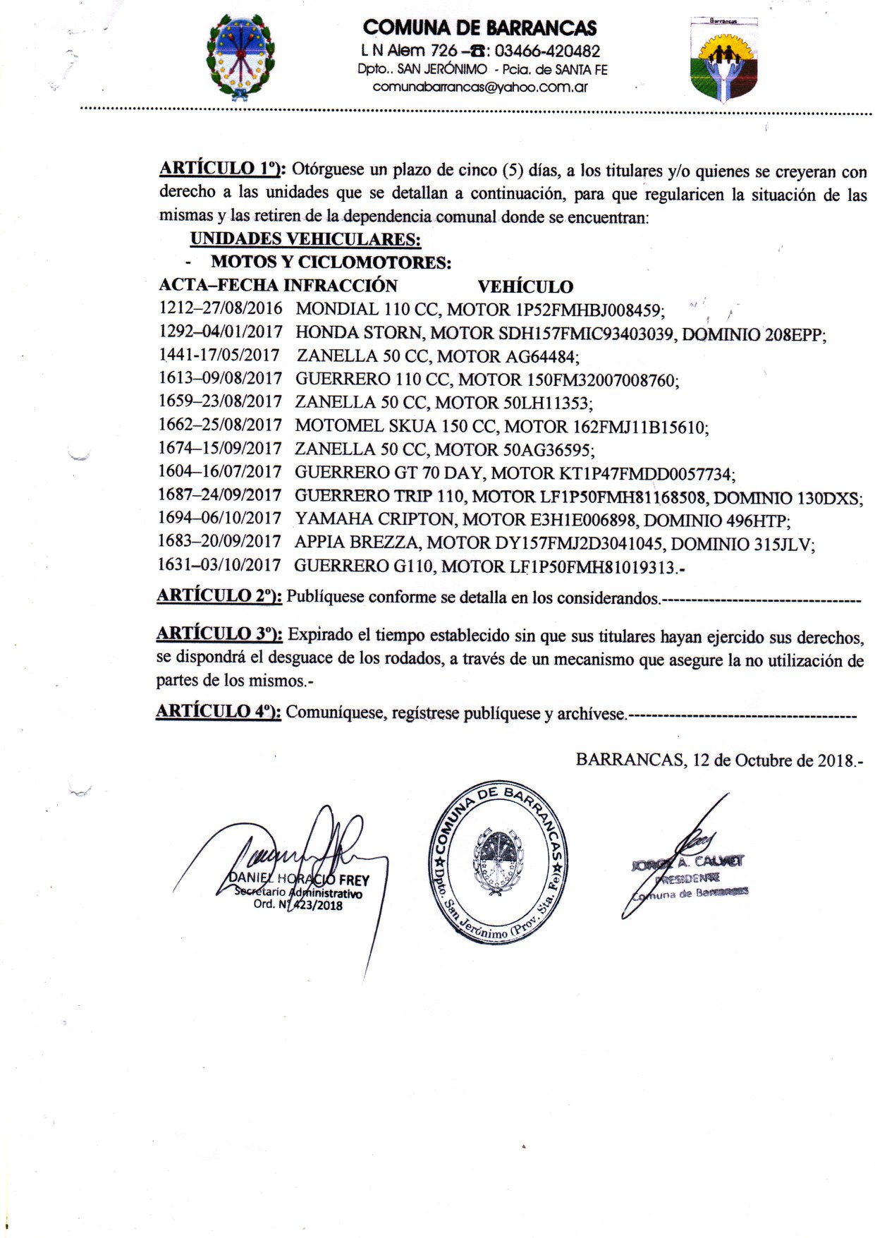 Barrancas: procederán al desguace de motos que llevan meses en el corralón