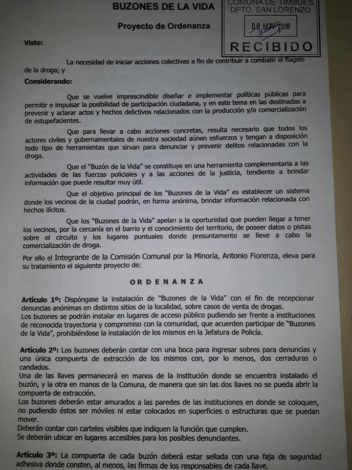 Piden colocar «Buzones de la Vida» en Timbúes para denunciar la venta de drogas