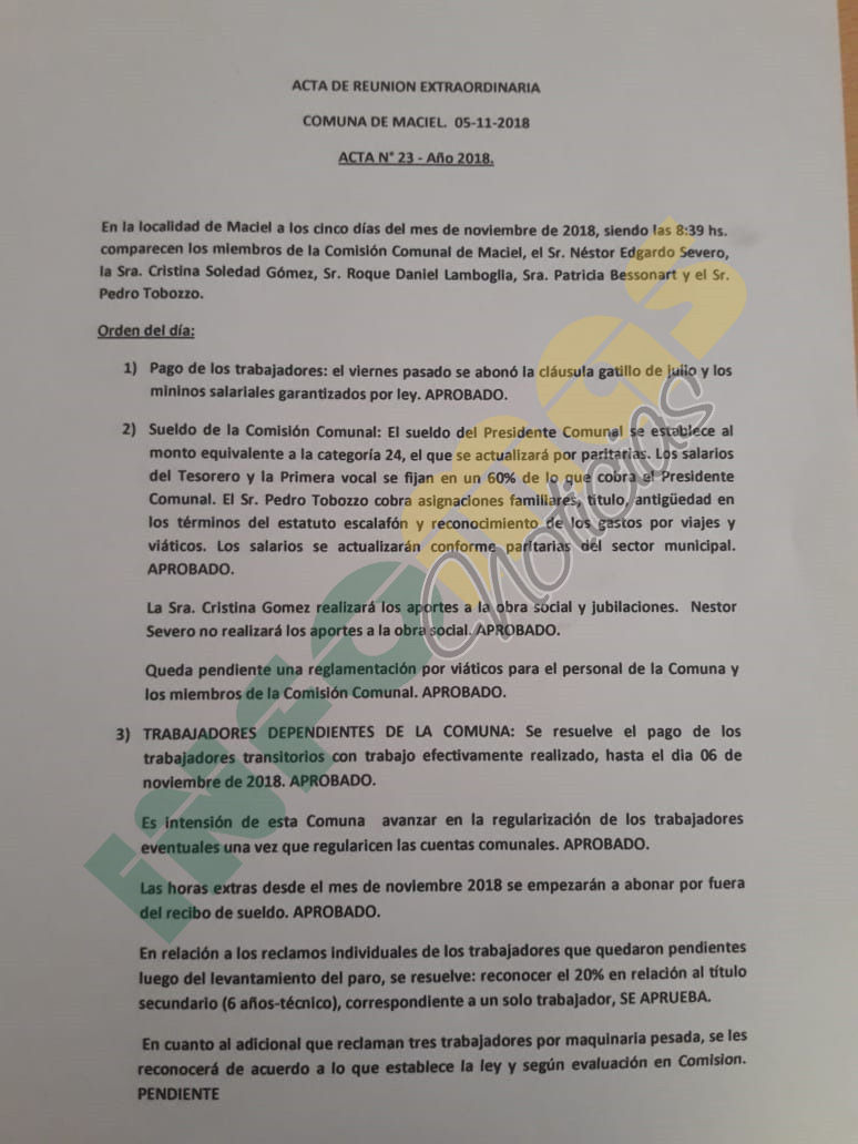 La comisión comunal de Maciel acordó gran parte de los puntos en disputa