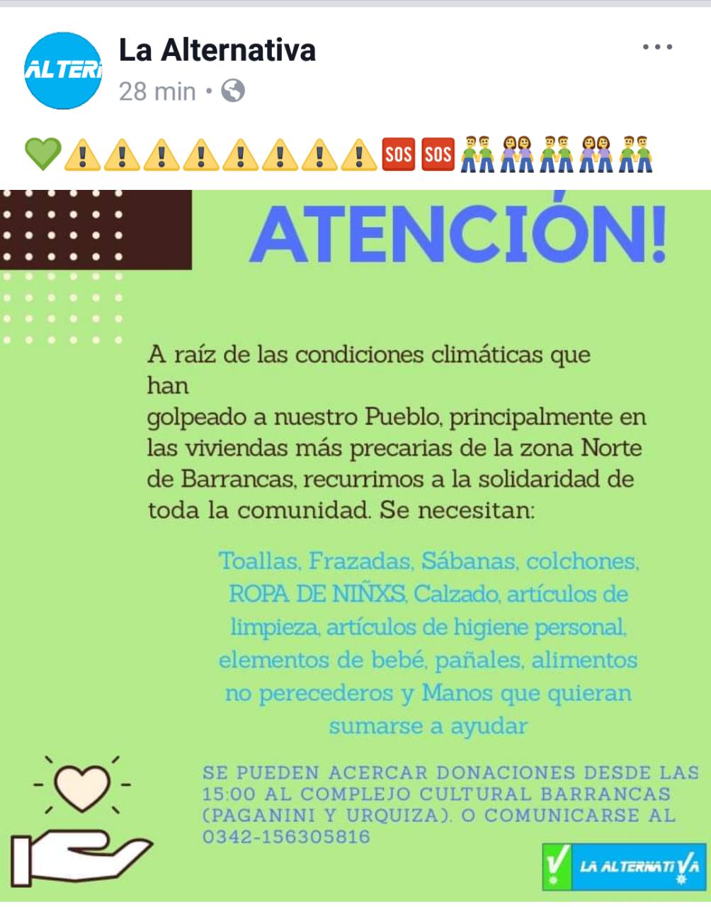 Colecta en Barrancas para asistir a los más necesitados tras el temporal