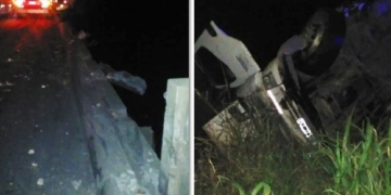 Un camión volcó y destruyó las barandas del puente del canal Serodino