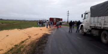 Totoras: un camión cargado volcó sobre Ruta 91