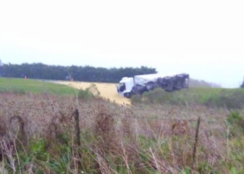 Un camión con soja volcó sobre autopista a la altura de Oliveros