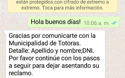 Totoras implementó un moderno sistema de reclamos vía whatsapp