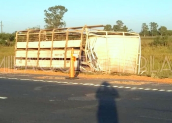 Fuerte impacto entre dos camiones y vuelco en autopista