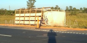 Fuerte impacto entre dos camiones y vuelco en autopista