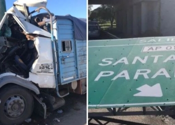 Fuerte impacto entre camiones terminó con un cartel derribado en autopista