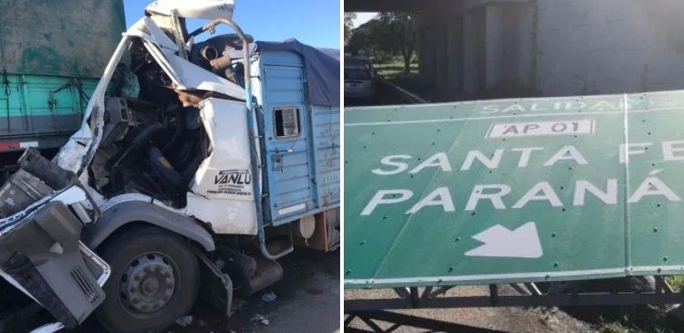 Fuerte impacto entre camiones terminó con un cartel derribado en autopista