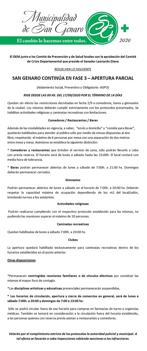 San Genaro continúa en Fase 3, pero con aperturas parciales