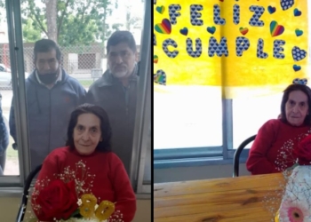 Con su familia detrás de la ventana, Simona festejó sus 80 años en el hogar de San Genaro