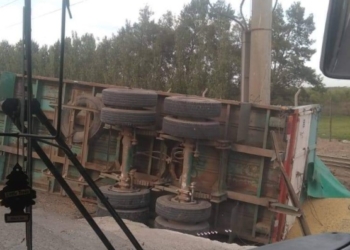 Un camión volcó y desparramó su carga en Puerto San Martín