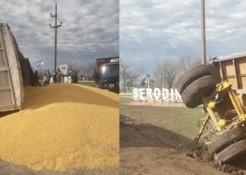 Volcó un camión y derramó su carga en el ingreso a Serodino