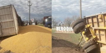 Volcó un camión y derramó su carga en el ingreso a Serodino