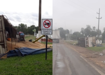 Otro camión volcó en Serodino a metros del nuevo cartel del ingreso