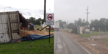 Otro camión volcó en Serodino a metros del nuevo cartel del ingreso