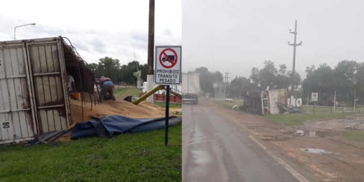Otro camión volcó en Serodino a metros del nuevo cartel del ingreso