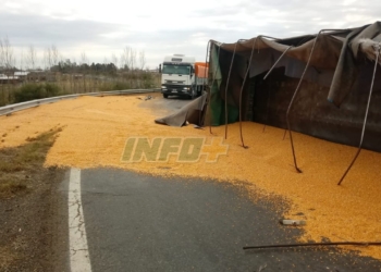 El acoplado de un camión volcó sobre el puente de autopista en La Ribera