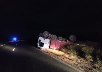 Un camión volcó en la cuneta a la vera de Ruta 10 en Irigoyen