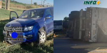 Triple colisión sobre Ruta 34 en Totoras: un herido y un acoplado volcado