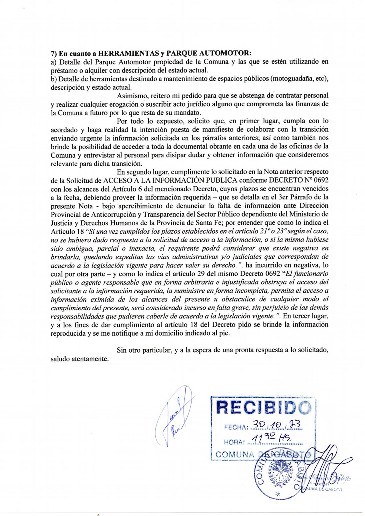 Se complicó la transición en Gaboto: Ruiz reclama información y documentación