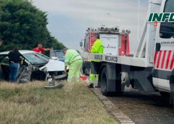 Un auto despistó en autopista e impactó contra los pinos del cantero central