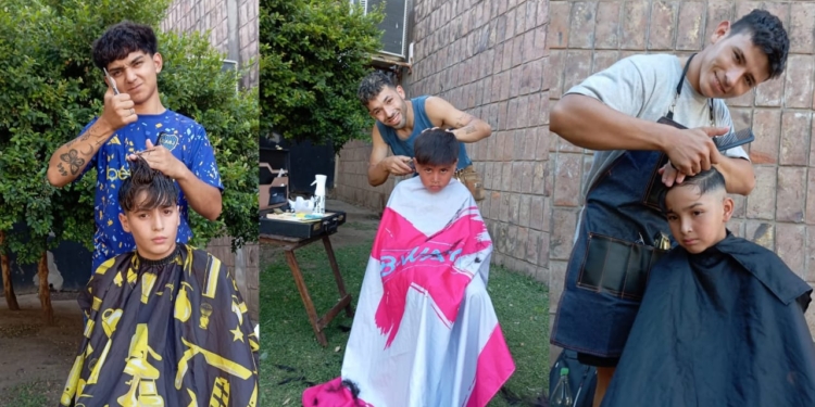 Nico, José y Maxi regalaron cortes de pelos para los niños de Barrancas