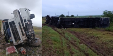 Un camión con carga de pescado volcó en Barrancas sobre autopista