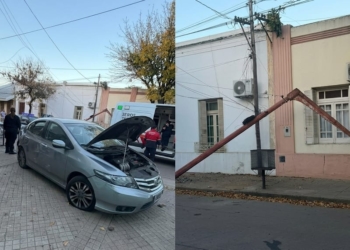 Un conductor perdió el control y se estrelló contra una columna en el centro de Totoras